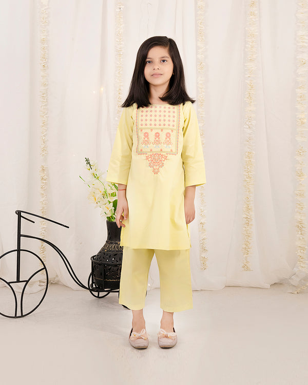 Light Yellow Embroidered Girls Co-Ord Set