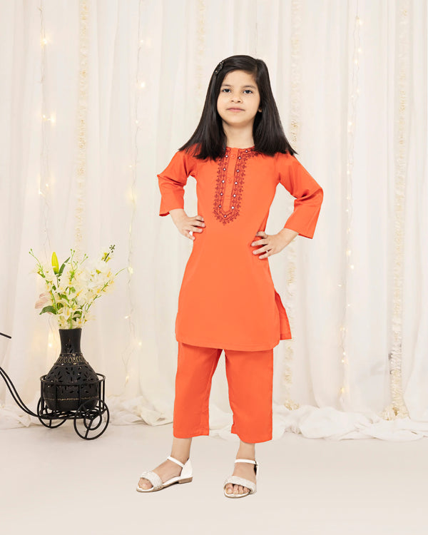 Vibrant Orange Embroidered Girls Co-Ord Set