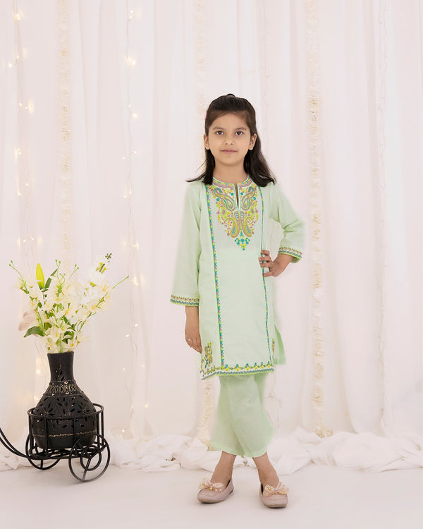 Green Embroidered Girls Co-Ord Set