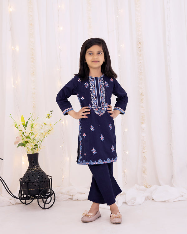 Blue Embroidered Girls Co-Ord Set