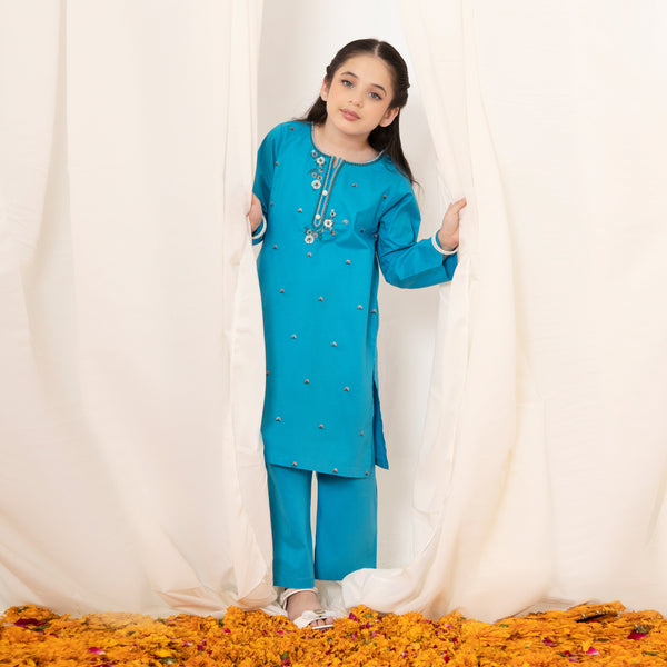 Blue  Embroidered Girls Co-Ord Set