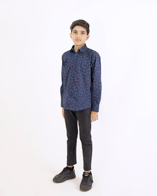 Navy Blue Boys Printed Casual Shirt