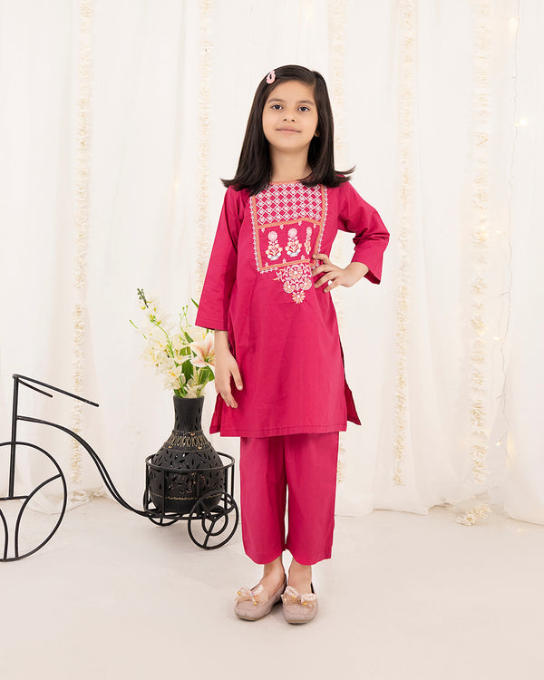Magenta Embroidered Girls Co-Ord Set