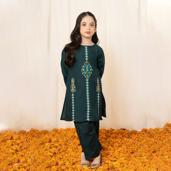 Green Embroidered Girls Co-Ord Set