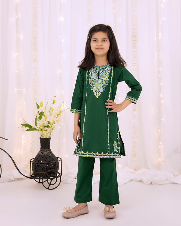 Green Embrioded Girls Co-Ord Set