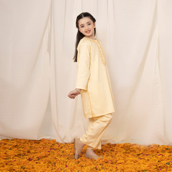 Light Yellow Embroidered Girls Co-Ord Set