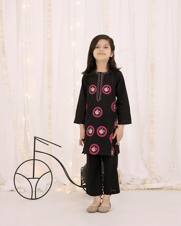 Black Embroidered Girls Co-Ord Set
