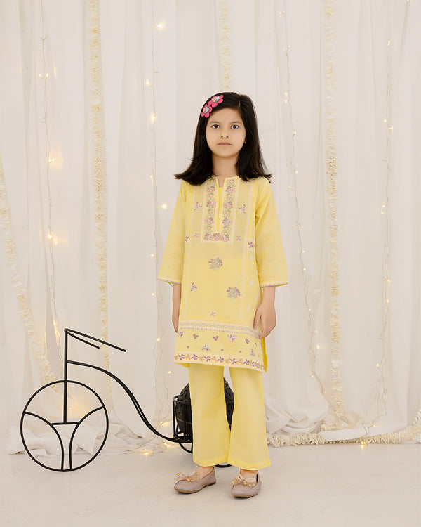 Yellow Floral Embroidered Girls Co-Ord Set