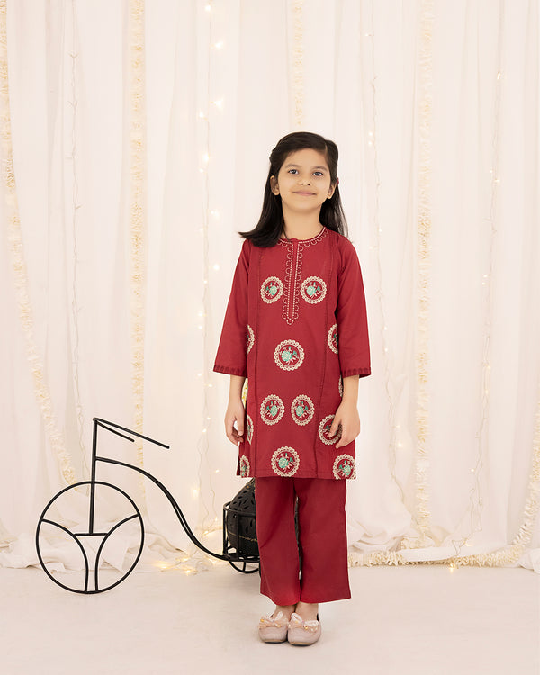 Maroon Embroidered Girls Co-Ord Set