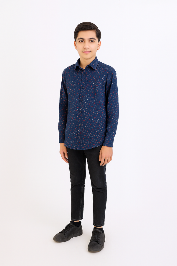 Navy Blue Boys Printed Casual Shirt