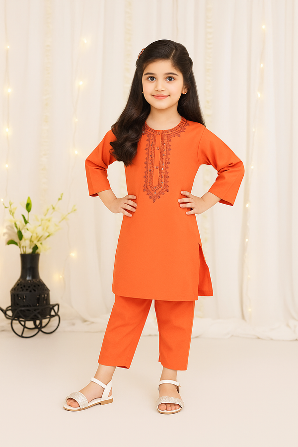 Vibrant Orange Embroidered Girls Co-Ord Set