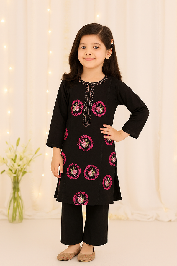 Black Embroidered Girls Co-Ord Set