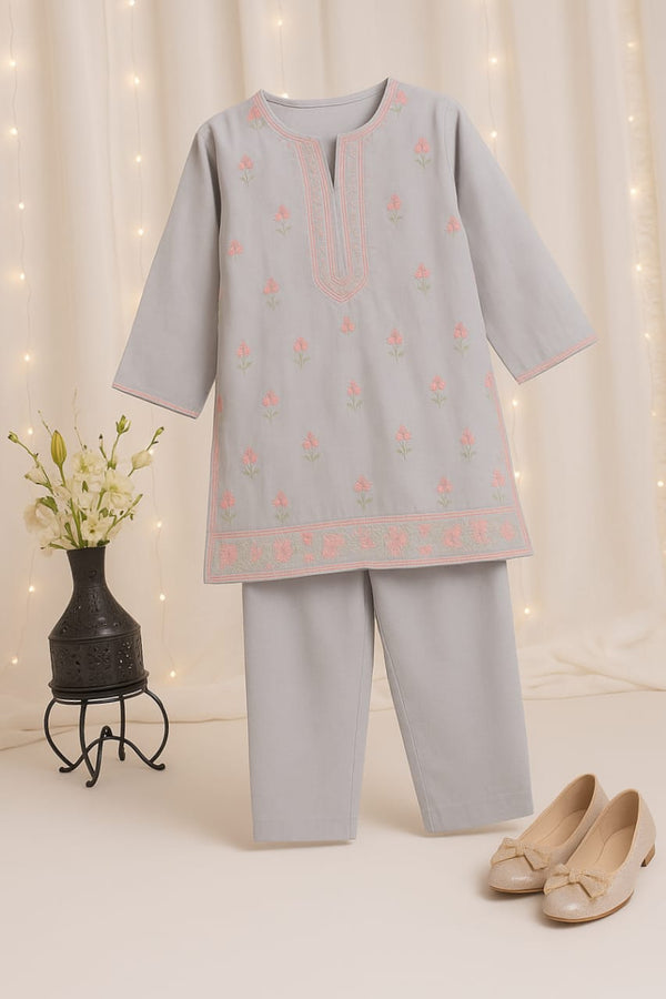 Light grey Embroidered Girls Co-Ord Set